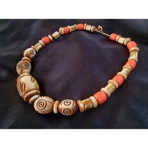 Vintage Wooden Celluloid 1980s Art Deco Orange Brown Beaded Necklace